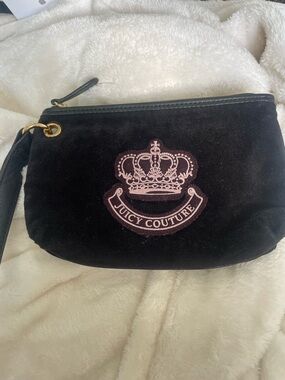 Juicy Couture Black Velvet Wristlet with Pink Embroidered Crest